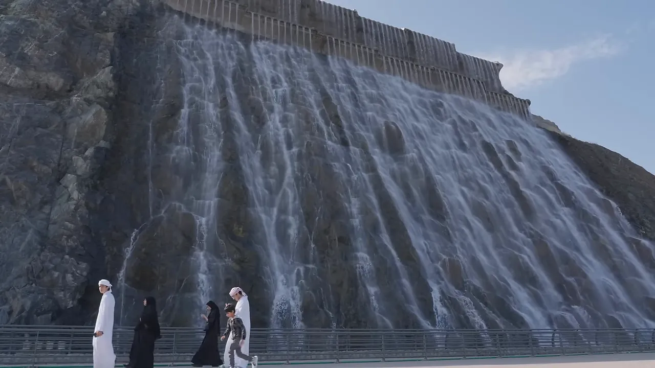 Khorfakkan amphitheatre and waterfall at dusk