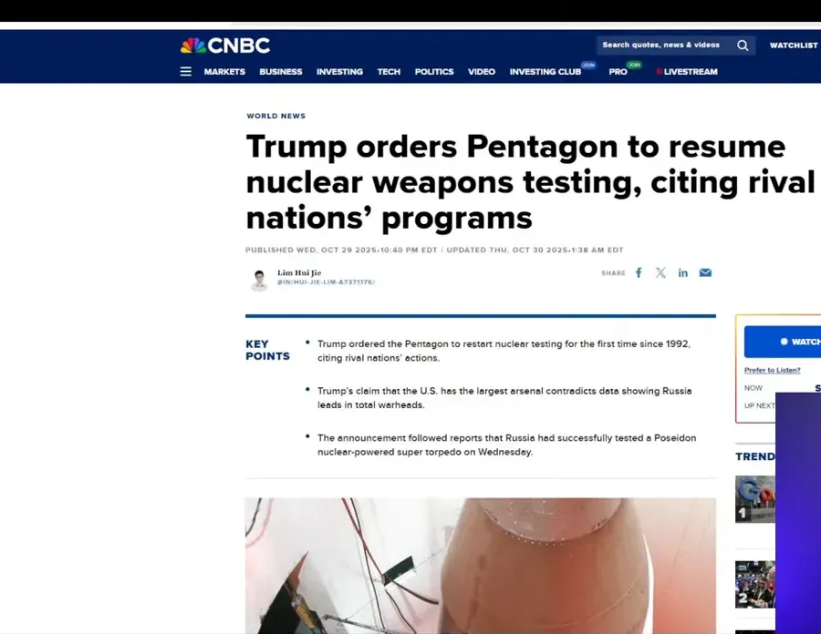 News headline referencing nuclear weapons testing order