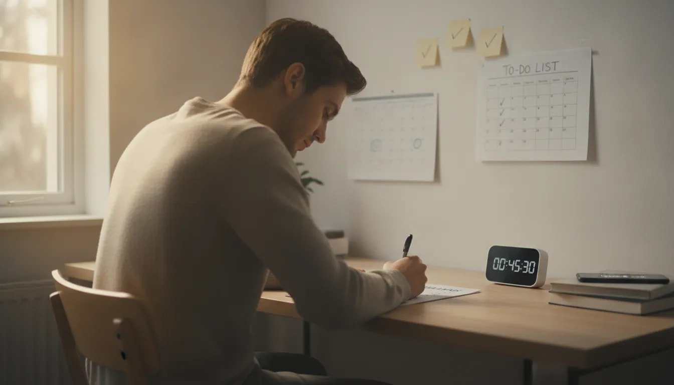 A person using a weekly checklist and calendar to stay accountable and overcome procrastination.