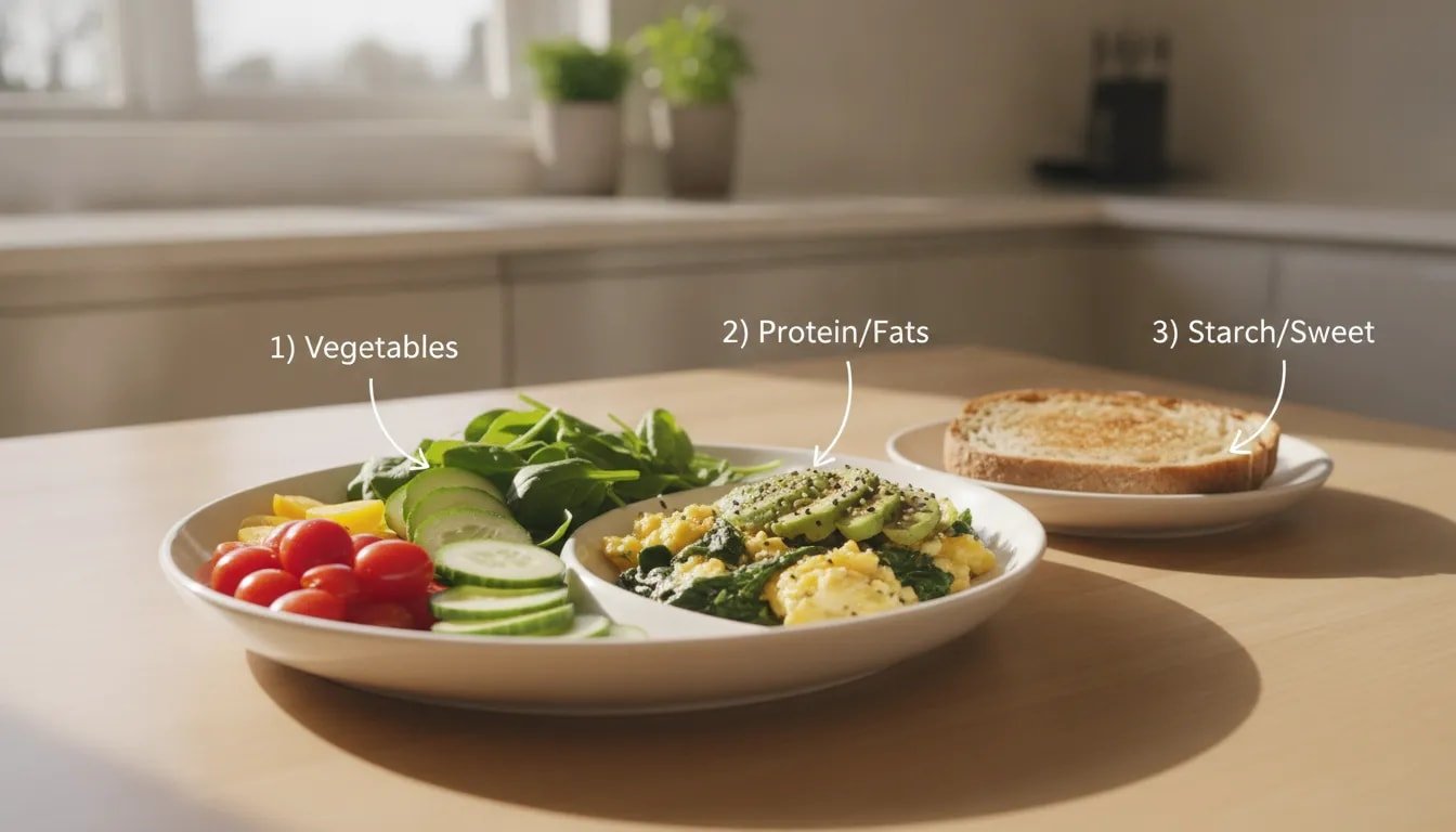 Savory protein-forward breakfast showing meal order: vegetables first, then protein and fats, with starch or sweet added later to help reduce blood sugar spikes