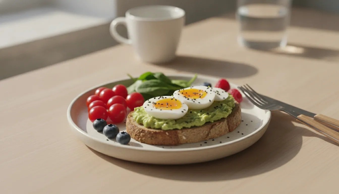 Balanced snack plate showing whole-grain toast with avocado and egg plus fibre-rich vegetables to pair carbs with protein and fat