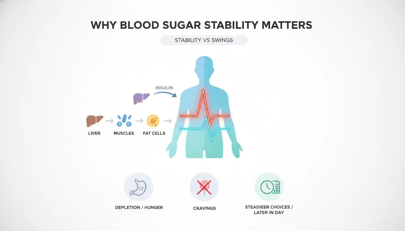 Illustration showing insulin helping move glucose into the liver, muscles, and fat cells and how rapid blood sugar spikes can lead to energy crashes and cravings.