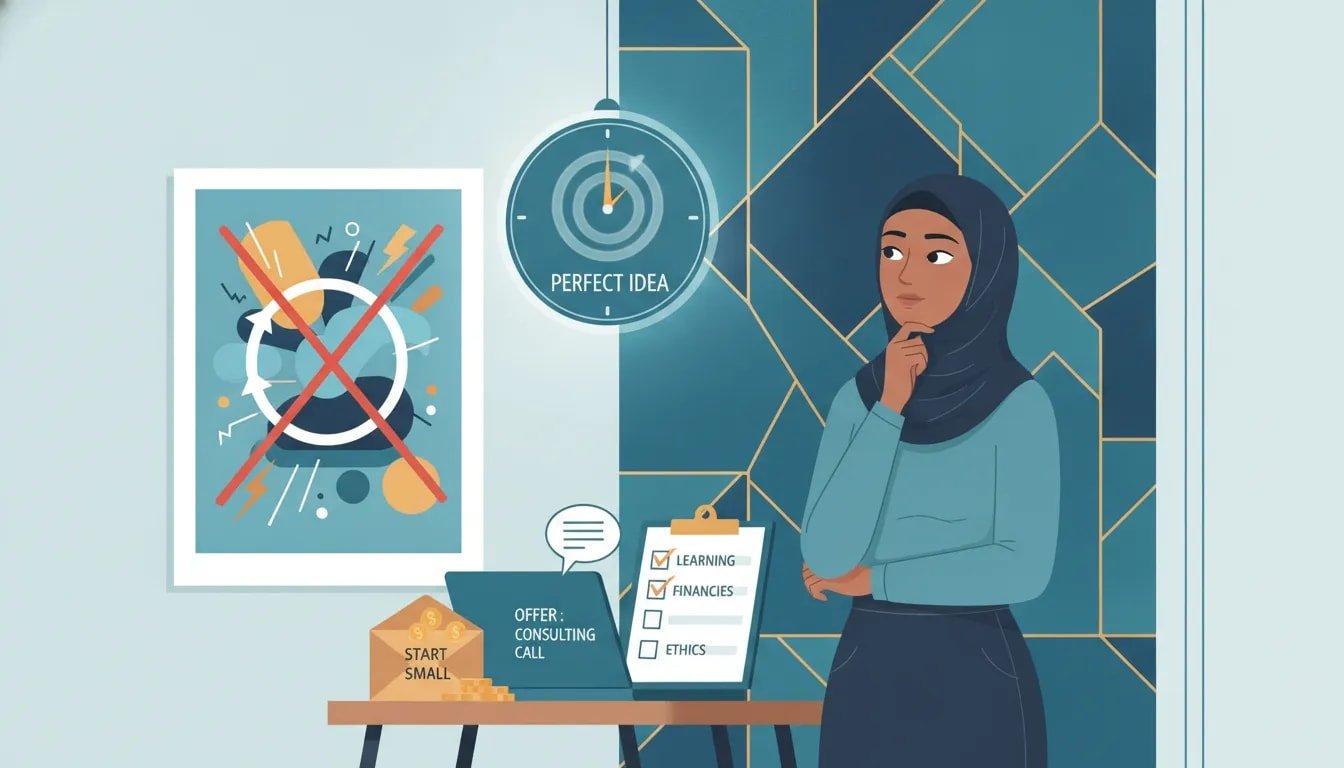 Illustration of common mistakes to avoid when starting a halal business, showing caution about rushing ideas, lacking learning, and ignoring ethical boundaries.