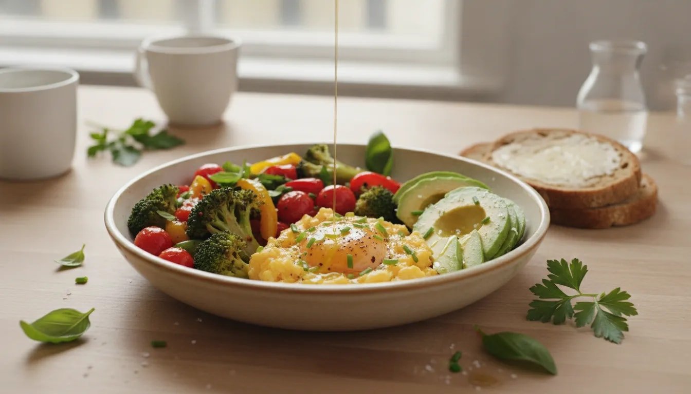 Savory protein-centered breakfast with eggs, vegetables, avocado, and olive oil for steady energy