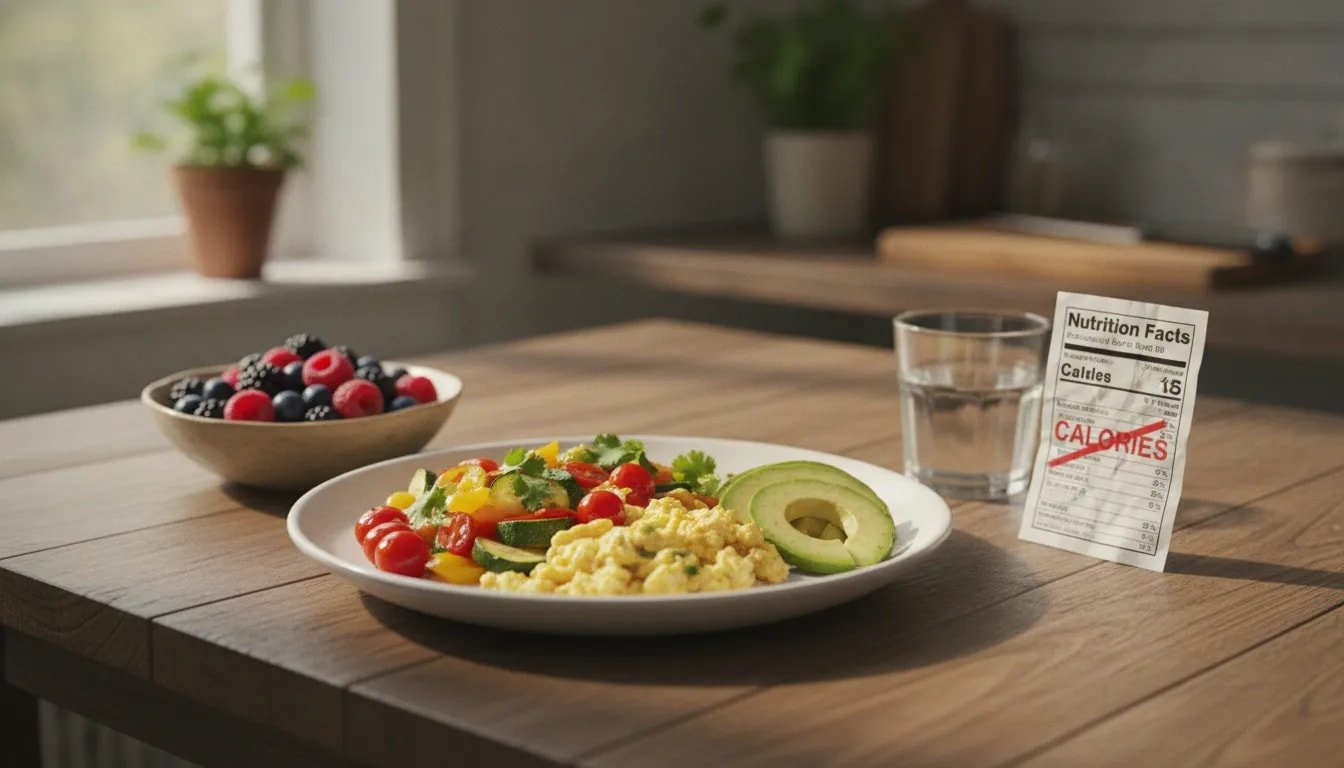 Savory protein-rich breakfast with vegetables and whole fruit to show health is more than calories