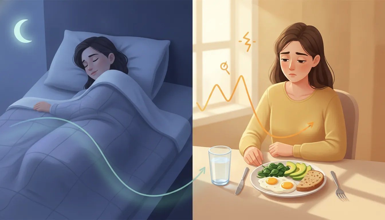 Illustration showing how poor sleep can worsen blood sugar regulation, with a tired person and a rising glucose graph next to a balanced breakfast.