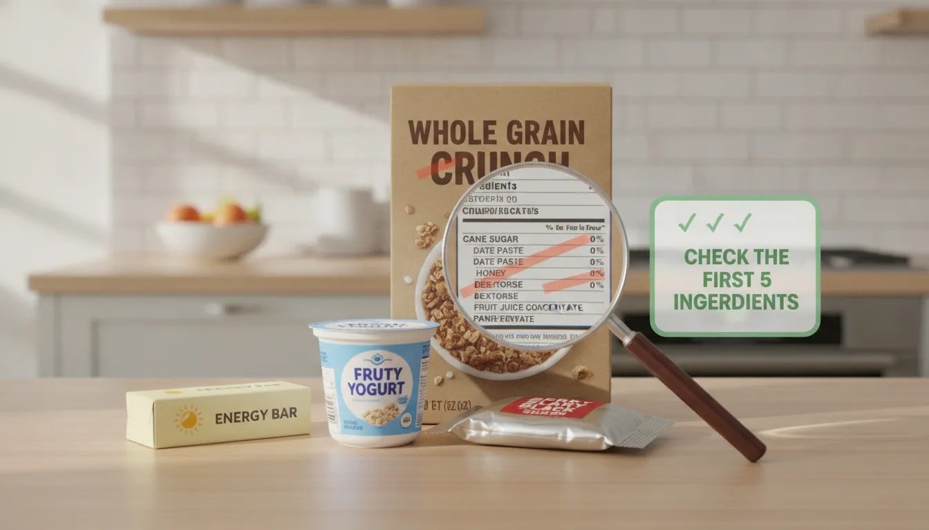 Close-up of packaged foods with magnifying glass highlighting sugar ingredients in the first five items