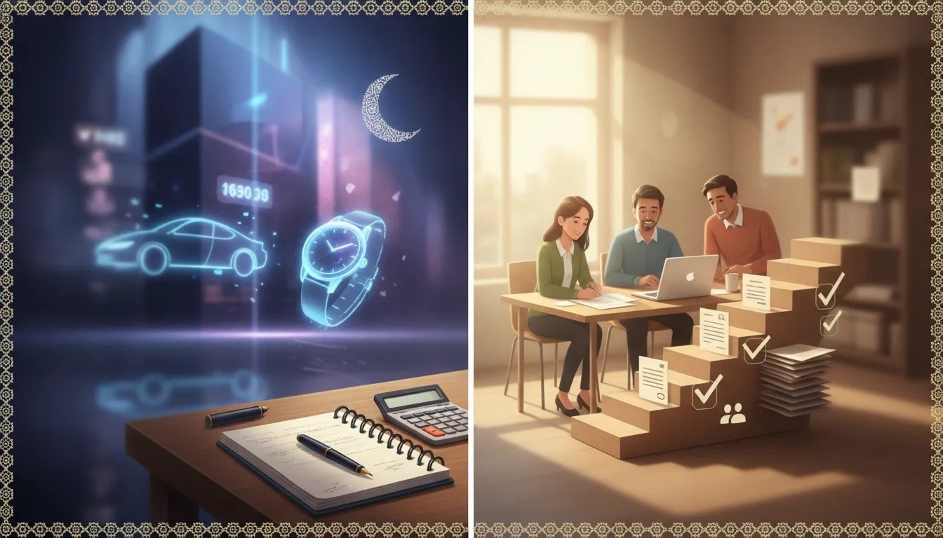 Illustration contrasting flashy social-media success with grounded, ethical business progress